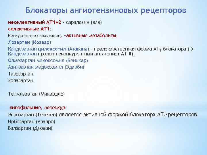 Блокаторы ангиотензиновых рецепторов неселективный АТ 1+2 – саралазин (в/в) селективные АТ 1: Конкурентное связывание,