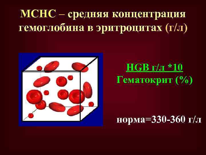 MCHC – средняя концентрация гемоглобина в эритроцитах (г/л) HGB г/л *10 Гематокрит (%) норма=330