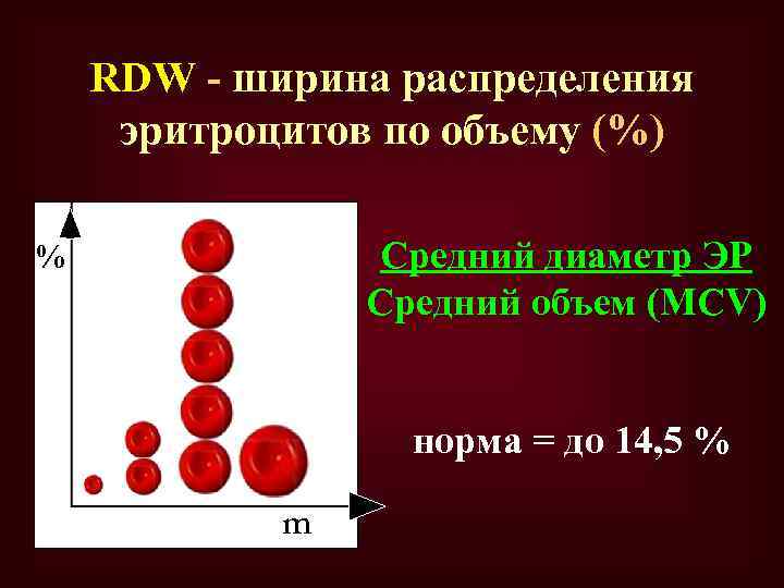 RDW - ширина распределения эритроцитов по объему (%) Средний диаметр ЭР Средний объем (MCV)
