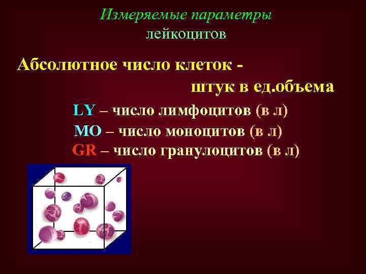 Измеряемые параметры лейкоцитов Абсолютное число клеток штук в ед. объема LY – число лимфоцитов