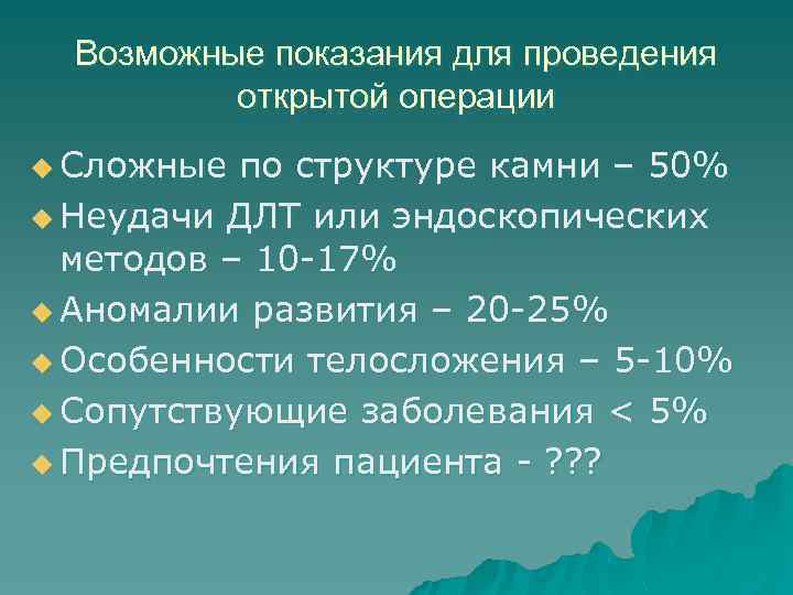 Возможные показания для проведения открытой операции u Сложные по структуре камни – 50% u