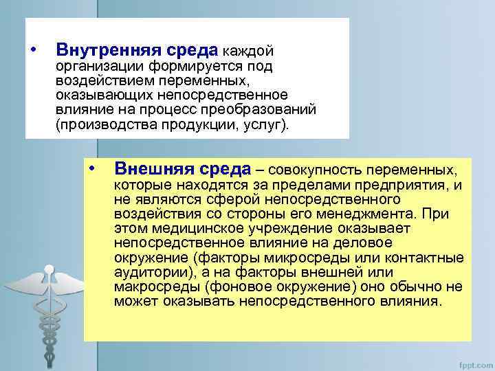  • Внутренняя среда каждой организации формируется под воздействием переменных, оказывающих непосредственное влияние на