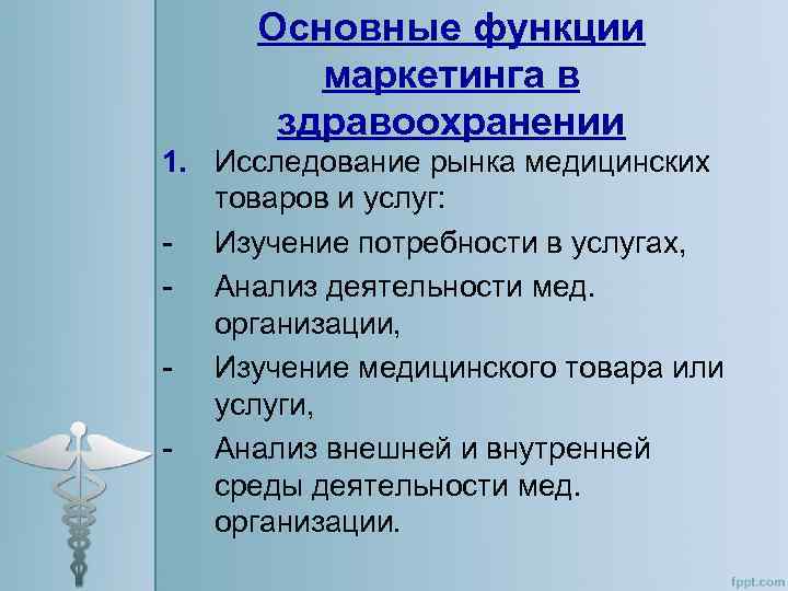 Основные функции маркетинга в здравоохранении 1. Исследование рынка медицинских товаров и услуг: - Изучение