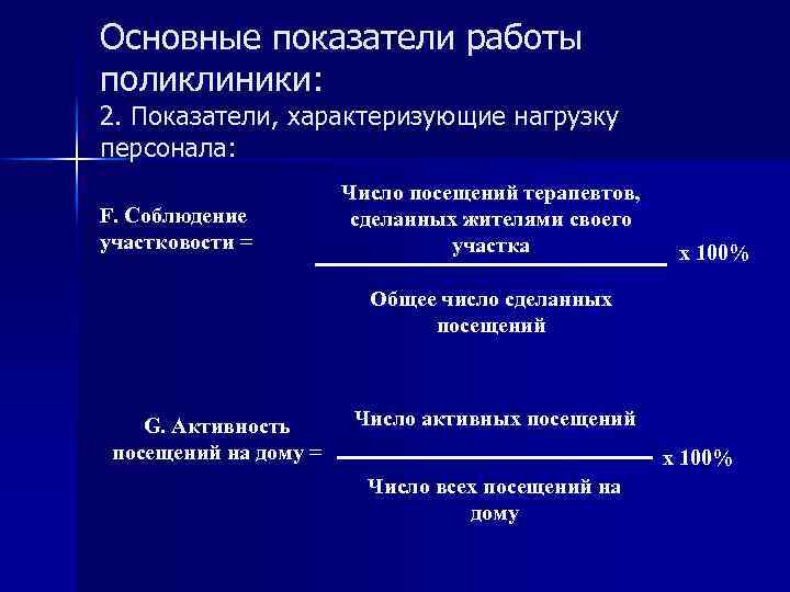 Основные показатели работы поликлиники: 2. Показатели, характеризующие нагрузку персонала: F. Соблюдение участковости = Число