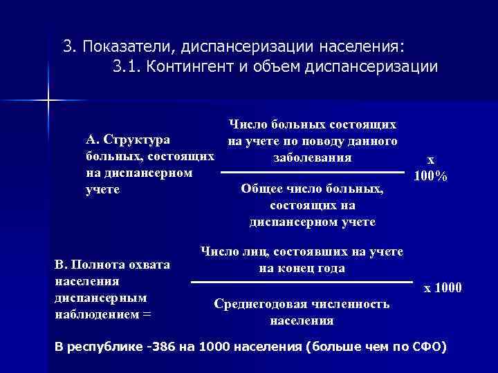 3. Показатели, диспансеризации населения: 3. 1. Контингент и объем диспансеризации Число больных состоящих А.