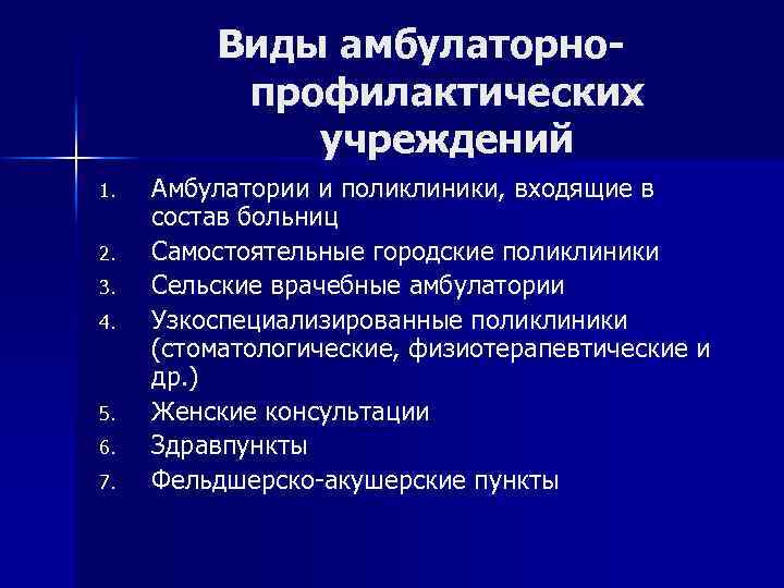 Виды амбулаторнопрофилактических учреждений 1. 2. 3. 4. 5. 6. 7. Амбулатории и поликлиники, входящие