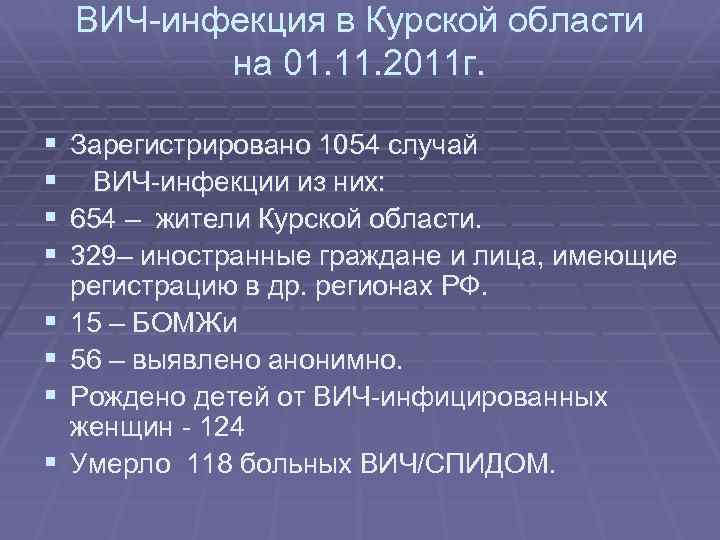 ВИЧ-инфекция в Курской области на 01. 11. 2011 г. § § § § Зарегистрировано