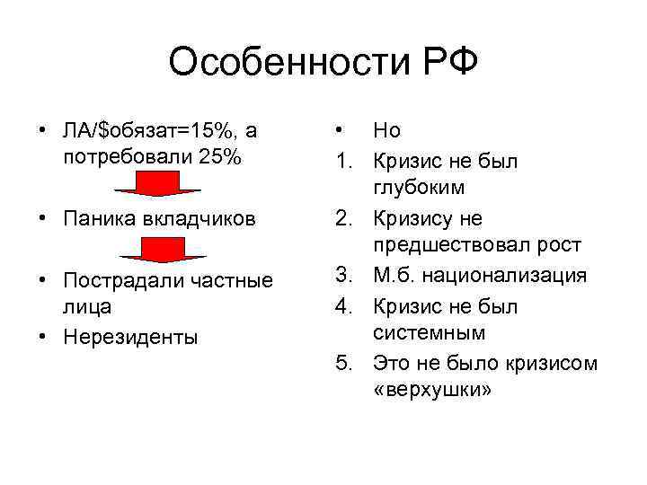 Особенности РФ • ЛА/$обязат=15%, а потребовали 25% • Паника вкладчиков • Пострадали частные лица