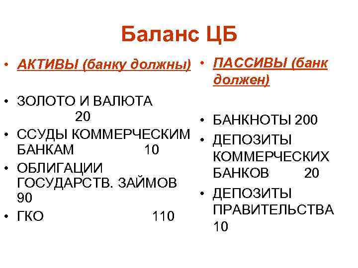 Баланс ЦБ • АКТИВЫ (банку должны) • ПАССИВЫ (банк должен) • ЗОЛОТО И ВАЛЮТА