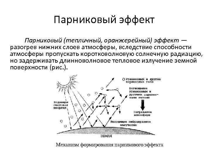 Парниковый эффект Парниковый (тепличный, оранжерейный) эффект — разогрев нижних слоев атмосферы, вследствие способности атмосферы