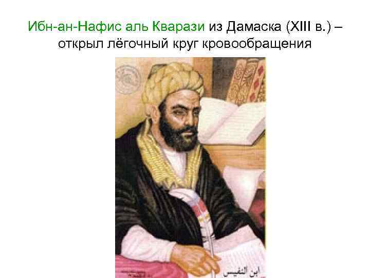 Ибн-ан-Нафис аль Кварази из Дамаска (XIII в. ) – открыл лёгочный круг кровообращения 