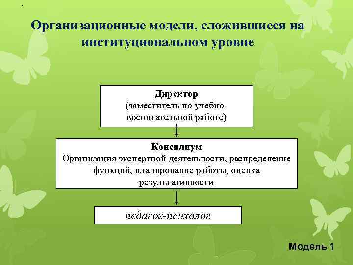. Организационные модели, сложившиеся на институциональном уровне Директор (заместитель по учебновоспитательной работе) Консилиум Организация