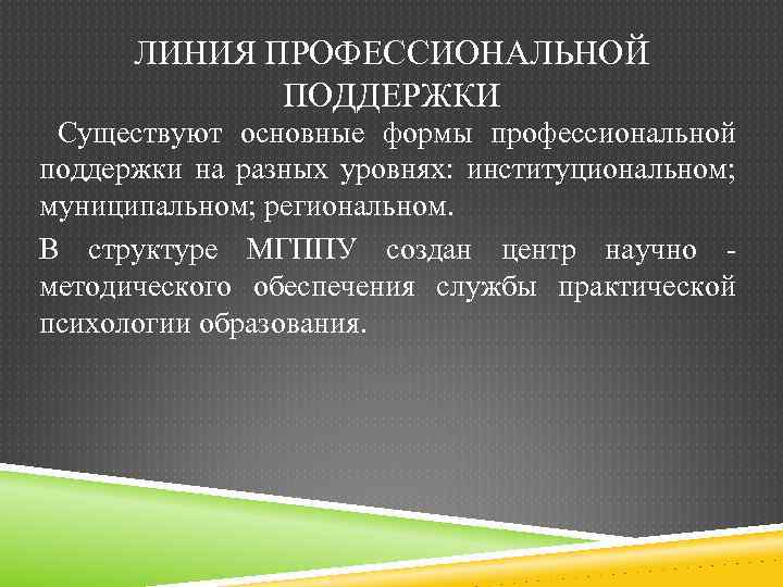 ЛИНИЯ ПРОФЕССИОНАЛЬНОЙ ПОДДЕРЖКИ Существуют основные формы профессиональной поддержки на разных уровнях: институциональном; муниципальном; региональном.