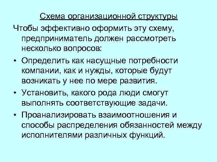 Схема организационной структуры Чтобы эффективно оформить эту схему, предприниматель должен рассмотреть несколько вопросов: •