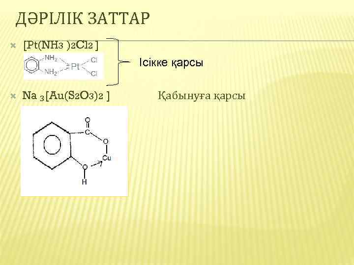 ДӘРІЛІК ЗАТТАР [Pt(NH 3 )2 Cl 2 ] Ісікке қарсы Na ₃[Au(S 2 O