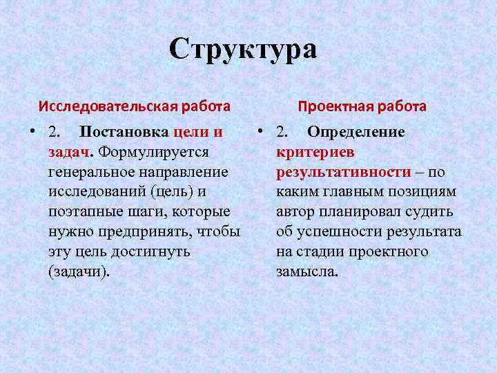 Структура Исследовательская работа Проектная работа • 2. Постановка цели и задач. Формулируется генеральное направление