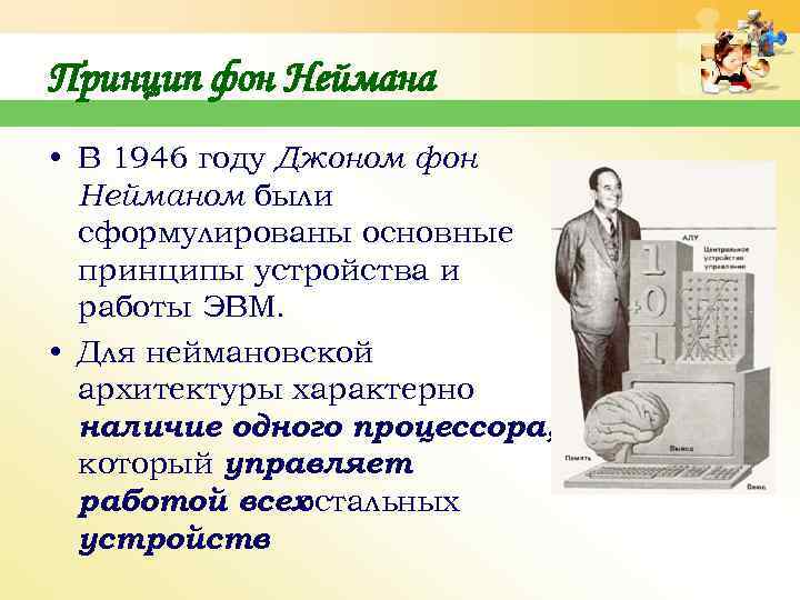 В 1945 году сформулированы общие принципы функционирования компьютеров