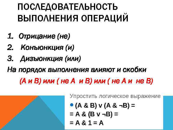 ПОСЛЕДОВАТЕЛЬНОСТЬ ВЫПОЛНЕНИЯ ОПЕРАЦИЙ 1. Отрицание (не) 2. Конъюнкция (и) 3. Дизъюнкция (или) На порядок