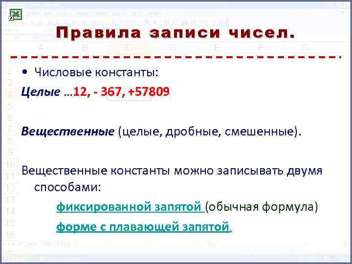 Правила записи чисел. Числовые константы. Вещественная числовая Константа. Правила записи числовых Констант.