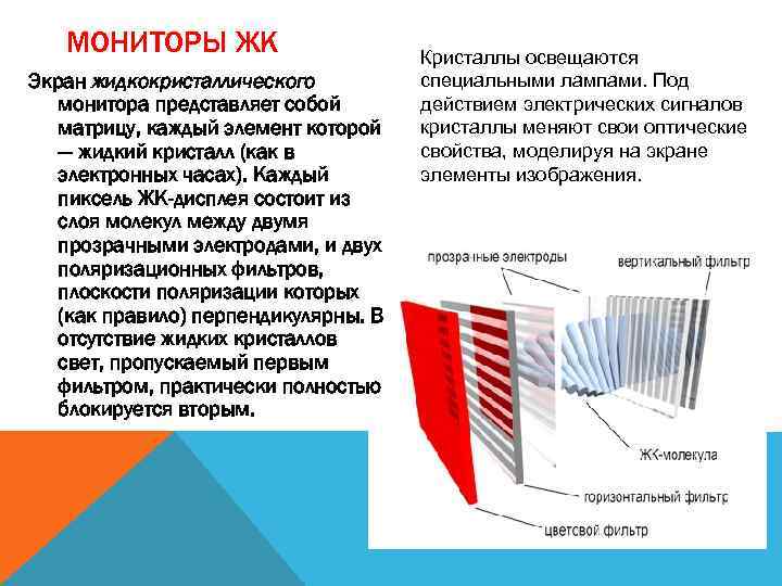 МОНИТОРЫ ЖК Экран жидкокристаллического монитора представляет собой матрицу, каждый элемент которой — жидкий кристалл