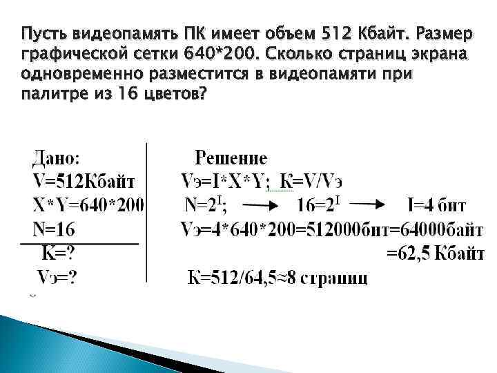 Рисунок размером 512 на 384 пикселей. Известно что видеопамять компьютера имеет объем 512 Кбайт. Количество страниц видеопамяти.