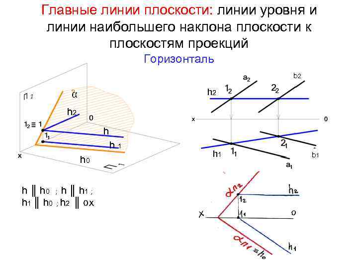 Главные линии плоскости: линии уровня и линии наибольшего наклона плоскости к плоскостям проекций Горизонталь