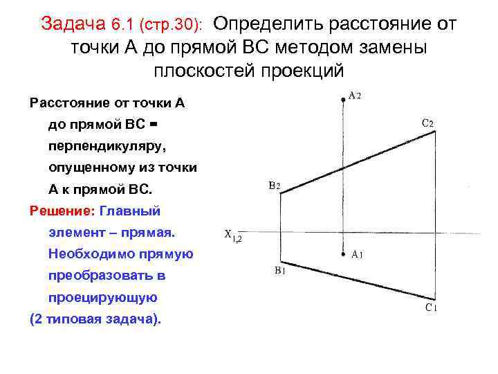 Задача 6. 1 (стр. 30): Определить расстояние от точки А до прямой ВС методом