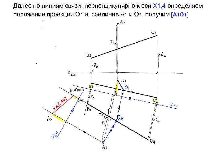 Далее по линиям связи, перпендикулярно к оси Х 1, 4 определяем положение проекции О