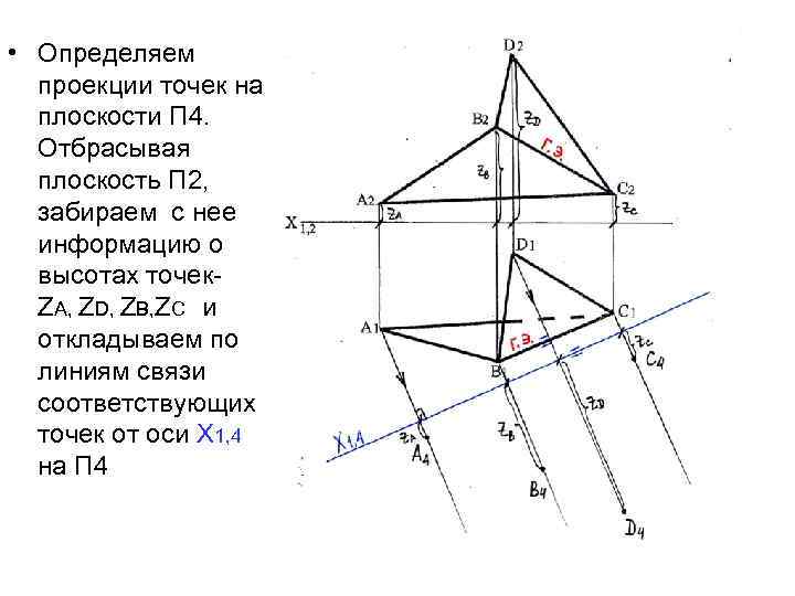  • Определяем проекции точек на плоскости П 4. Отбрасывая плоскость П 2, забираем