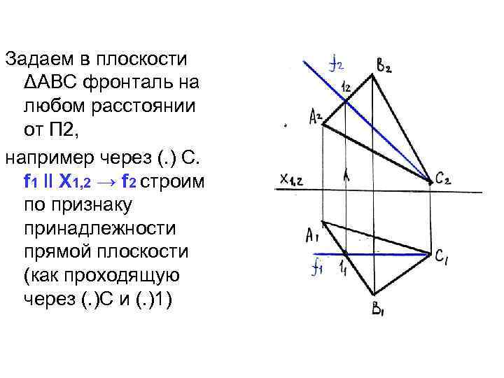 Задаем в плоскости ΔАВС фронталь на любом расстоянии от П 2, например через (.