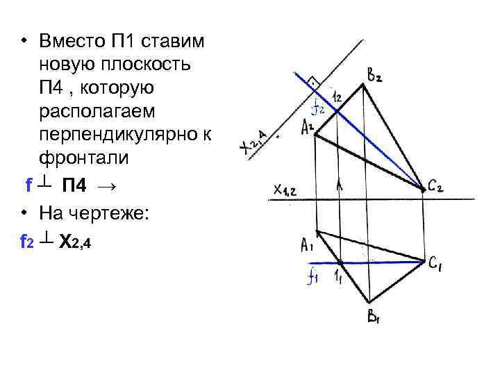  • Вместо П 1 ставим новую плоскость П 4 , которую располагаем перпендикулярно