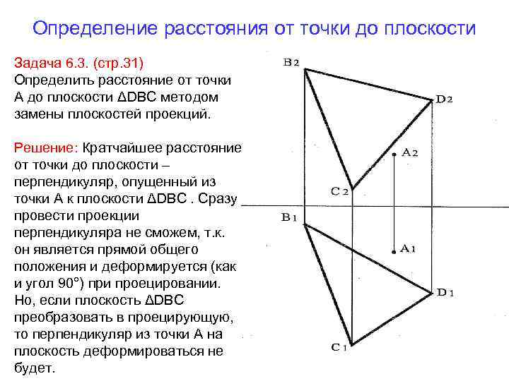 Определение расстояния от точки до плоскости Задача 6. 3. (стр. 31) Определить расстояние от