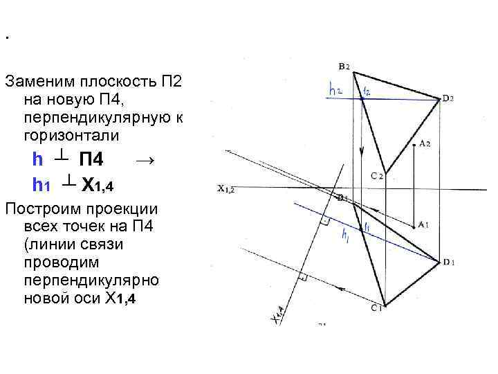 . Заменим плоскость П 2 на новую П 4, перпендикулярную к горизонтали h ┴