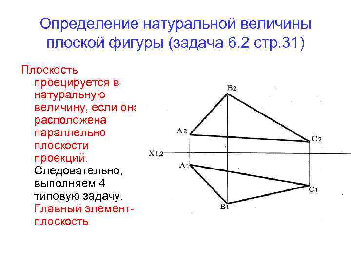 Определение натуральной величины плоской фигуры (задача 6. 2 стр. 31) Плоскость проецируется в натуральную