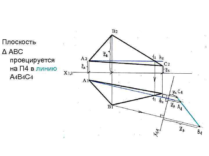 Плоскость Δ АВС проецируется на П 4 в линию А 4 В 4 С