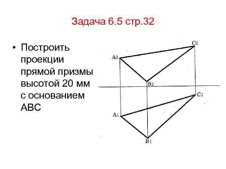 Задача 6. 5 стр. 32 • Построить проекции прямой призмы высотой 20 мм с