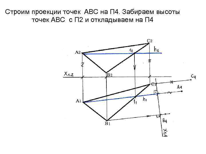 Строим проекции точек АВС на П 4. Забираем высоты точек АВС с П 2