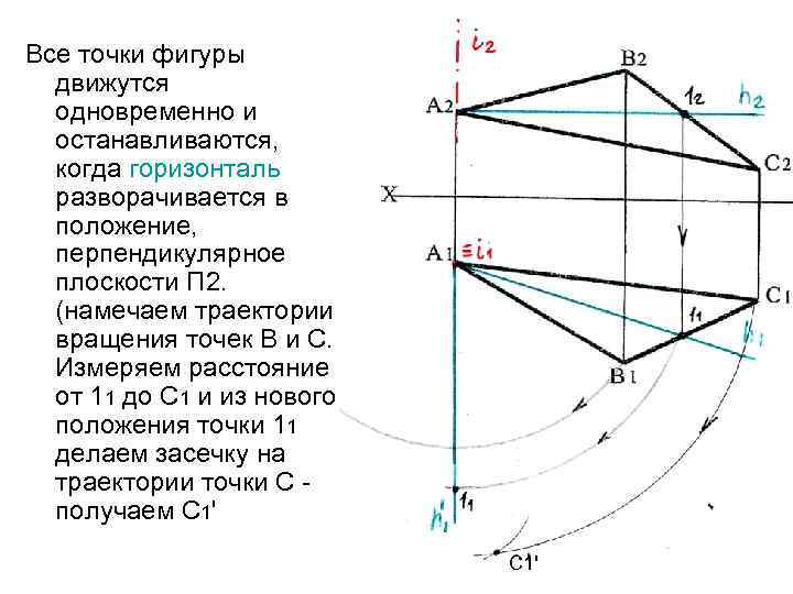 Все точки фигуры движутся одновременно и останавливаются, когда горизонталь разворачивается в положение, перпендикулярное плоскости