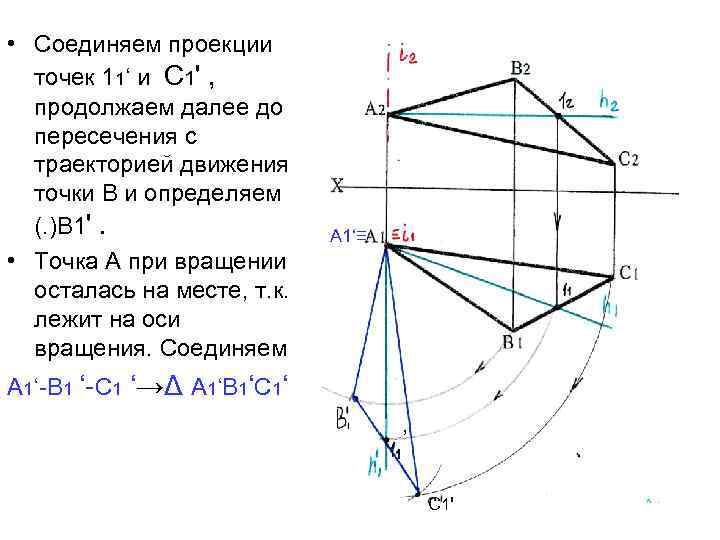  • Соединяем проекции точек 11‘ и С 1' , продолжаем далее до пересечения