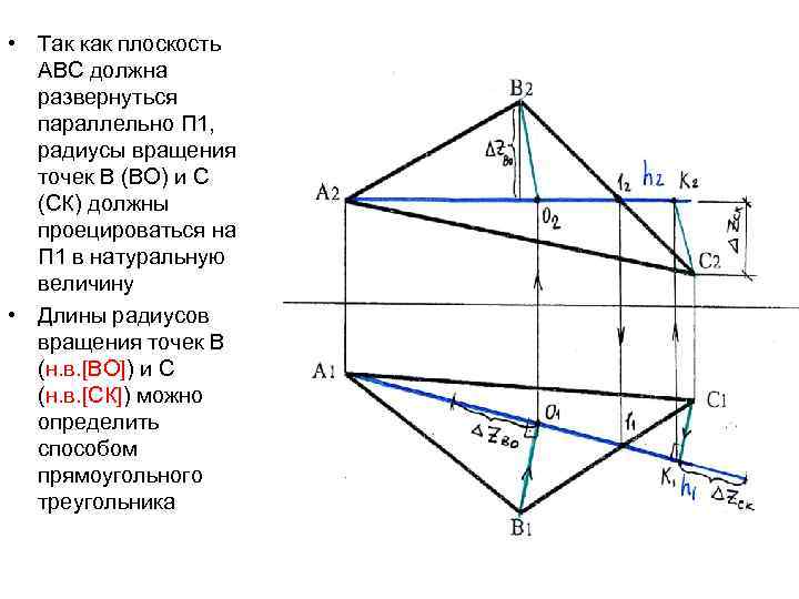  • Так как плоскость АВС должна развернуться параллельно П 1, радиусы вращения точек