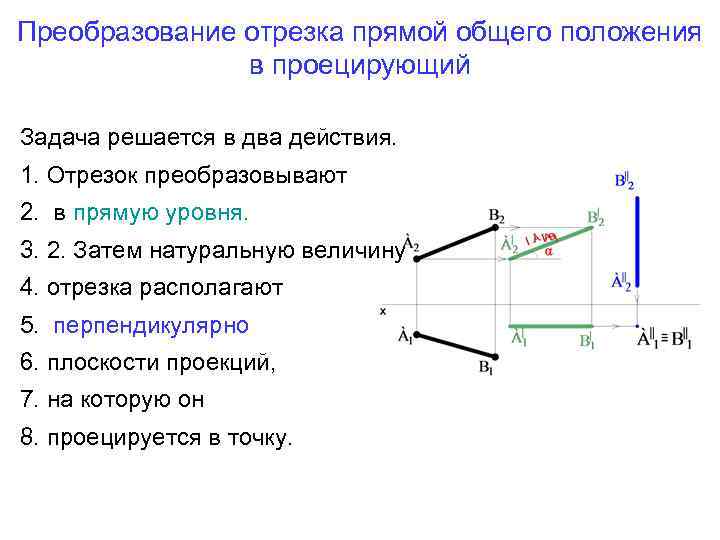 Проецирующие лучи перпендикулярны плоскостям проекций. Преобразовать прямую общего положения в проецирующую прямую. Преобразование плоскостей общего положения в проецирующую прямую. Преобразование прямой общего положения. Отрезок прямой общего положения.