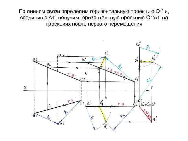 По линиям связи определим горизонтальную проекцию О 1‘ и, соединив с А 1‘, получим