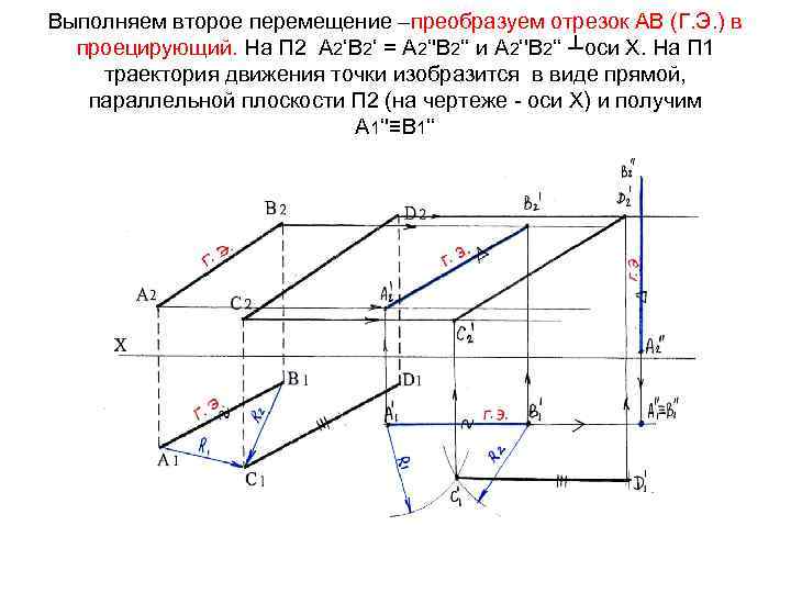 Выполняем второе перемещение –преобразуем отрезок АВ (Г. Э. ) в проецирующий. На П 2