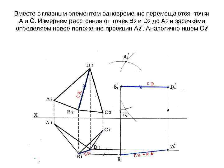 Вместе с главным элементом одновременно перемещаются точки А и С. Измеряем расстояния от точек