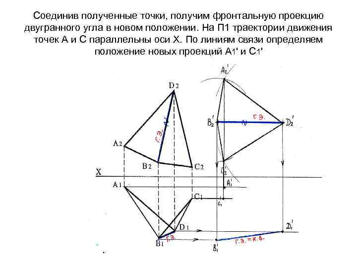 Соединив полученные точки, получим фронтальную проекцию двугранного угла в новом положении. На П 1