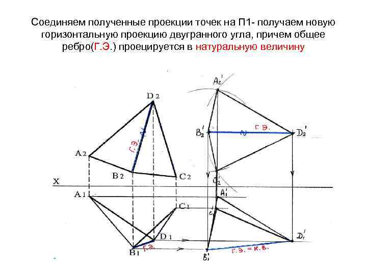 Соединяем полученные проекции точек на П 1 - получаем новую горизонтальную проекцию двугранного угла,