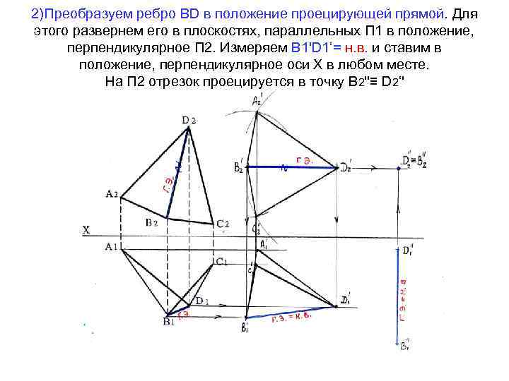 2)Преобразуем ребро ВD в положение проецирующей прямой. Для этого развернем его в плоскостях, параллельных