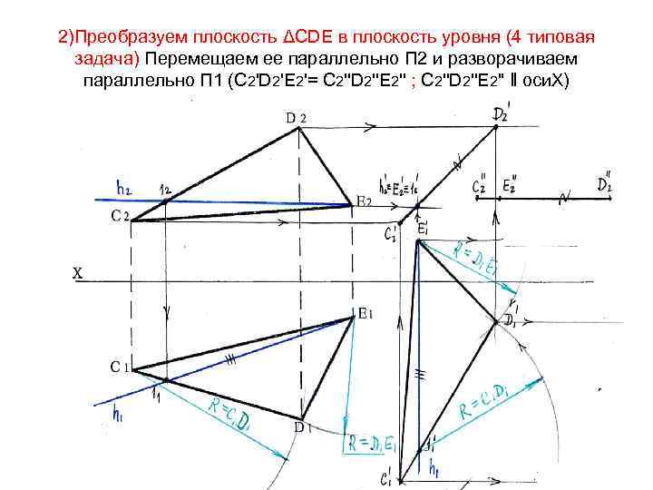 2)Преобразуем плоскость ΔСDЕ в плоскость уровня (4 типовая задача) Перемещаем ее параллельно П 2