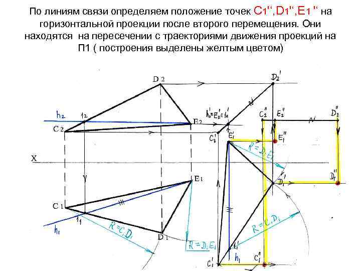 По линиям связи определяем положение точек С 1'‘, D 1'‘, Е 1 '‘ на