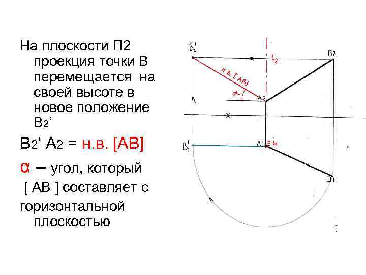 На плоскости П 2 проекция точки В перемещается на своей высоте в новое положение